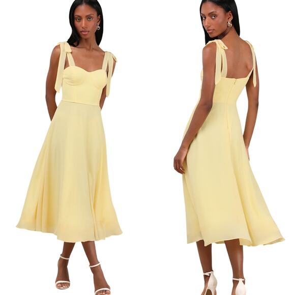 Lulus Sophisticated Charisma Light Yellow Tie-Strap A-Line Midi Dress size XS - Picture 1 of 6